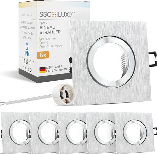 SSC-LUXon 6 pezzi QW-2 faretto da incasso angolare in alluminio spazzolato IP44 - faretto quadrato con attacco GU10 - luce da incasso per bagno e cucina