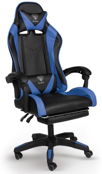 Poltrona direzionale, sedia per l'ufficio, sedia da ufficio in stile racing, sedile sportivo, colore: nero / blu