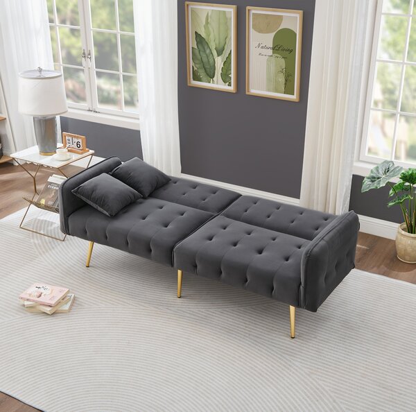 Divano letto a due posti, dimensioni 178x82x70 cm, con funzione letto, schienale e braccioli regolabili, rivestito in velluto, ideale per il soggiorno