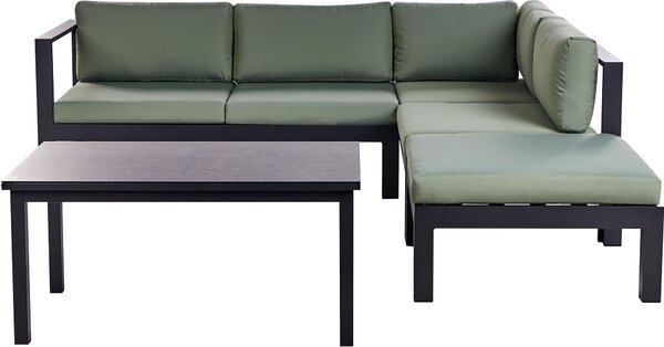 BELIANI Set di divani da giardino a 5 posti struttura in metallo nero cuscini verdi tavolo in vetro moderno set da salotto scandinavo per esterni