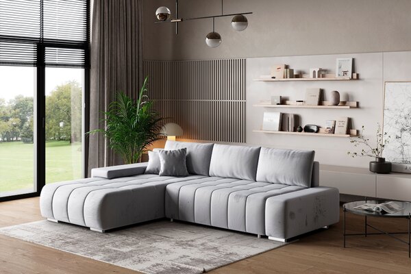 Divano angolare Masseno ALESE L-S con funzione letto a L, divano con box letto, divano da soggiorno, divano, divano letto, set di divani - grigio chiaro, MONOLITH 84