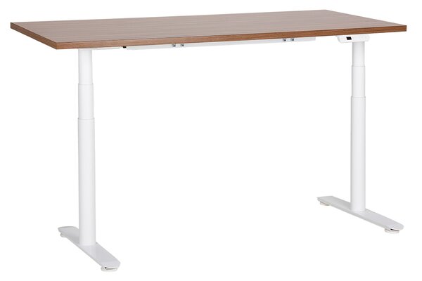 BELIANI Scrivania regolabile in altezza piano in legno scuro struttura in acciaio bianco 160 x 72 cm regolazione elettrica in altezza ufficio moderno