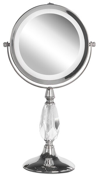 BELIANI Specchio per il trucco argento rotondo bifacciale ruotabile con supporto per luce LED ingrandimento 5x Specchio da tavolo moderno per il trucco