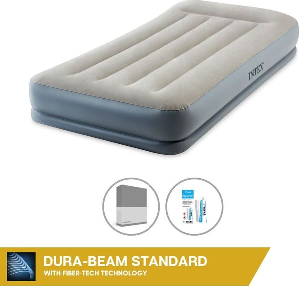 Letto ad aria Intex - 1 persona - 99 x 191 x 30 cm - Grigio - Con pompa incorporata + lenzuola antracite + set di riparazione