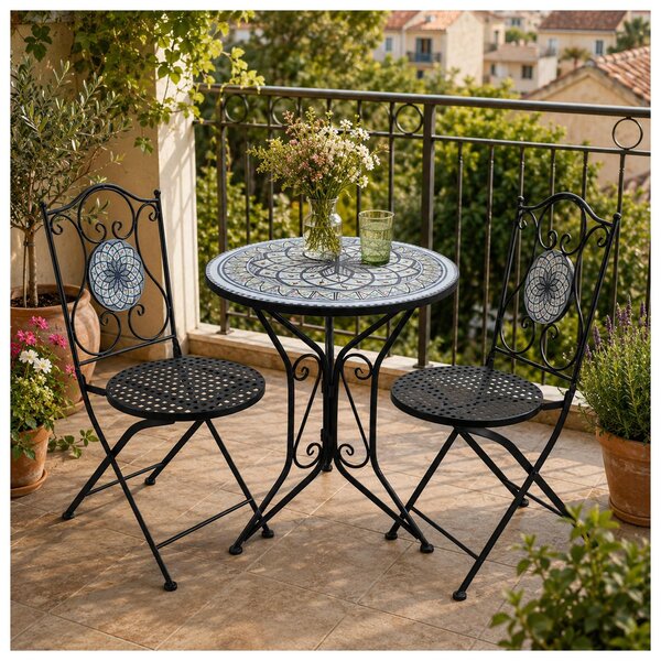 Set da bistrot in metallo nero composto da tavolo e 2 sedie, set da balcone con motivo decorativo