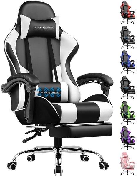 GTPLAYER Sedia da gioco con poggiapiedi e cuscino lombare massaggiante Sedia da ufficio Sedia da gioco Sedia da gioco ergonomica con braccioli di collegamento fino a 150 kg di portata BIANCO
