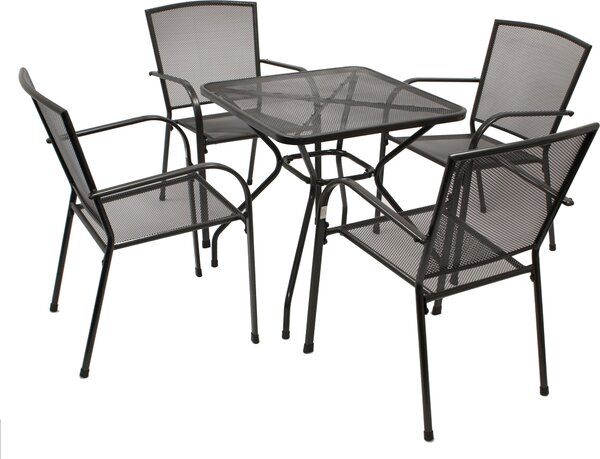 Set da giardino DEGAMO CLASSIC da 5 pezzi (4 poltrone impilabili, 1 tavolo 70x70 cm), lamiera stirata antracite