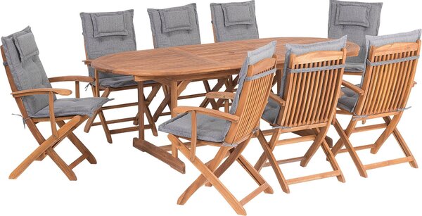 BELIANI Set di mobili da giardino marrone chiaro e grigio, in legno di acacia e tessuto, 8 posti, cuscini inclusi, per terrazza, uso esterno, casa di campagna