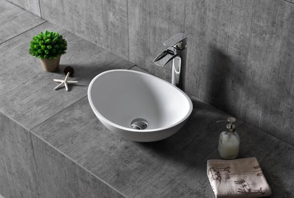 Lavabo da appoggio modello TWA29 in mineralguss (acrilico puro) - Bianco opaco - 42x34x15 cm. Kit di scarico selezionabile: Senza kit di scarico. Copertura aggiuntiva per il kit di scarico: Nessuna copertura aggiuntiva