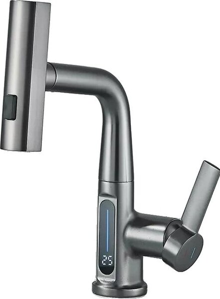 Rubinetto per lavabo, luce LED, doccetta estraibile, grigio metallizzato