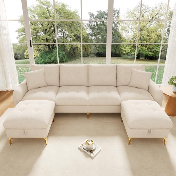 Divano letto modulare a forma di U, beige, dimensioni 263x137x85 cm, rivestito in chenille, con 2 poggiapiedi contenitori, cuscini seduta rimovibili e 2 cuscini decorativi per il soggiorno