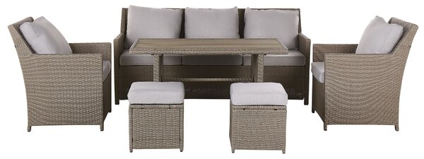 BELIANI Set di divani da giardino per 5 persone in rattan artificiale grigio con cuscini beige Tavolo rettangolare e 2 poltrone 2 sgabelli