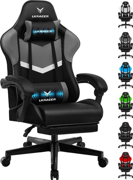 LUCKRACER sedia da gioco sedia da ufficio ergonomica con cuscino lombare cuscino poggiatesta, sedia da gioco regolabile in altezza capacità di carico 150 kg, poggiapiedi grigio