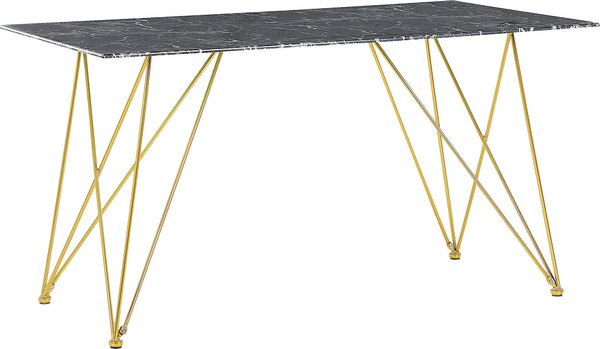 BELIANI Tavolo da pranzo nero e oro, 80 x 140 cm, gambe a forma di "V", piano in vetro temperato, aspetto marmo, rettangolare, moderno, elegante, raffinato, stile glamour