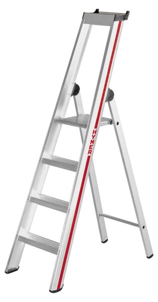 Scala a pioli Hymer con piattaforma, accessibile da un solo lato, 4 gradini, altezza verticale 1,56 m, altezza di lavoro 2,91 m, peso 5,8 kg