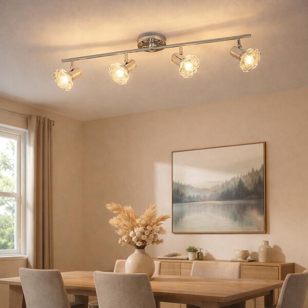 Plafoniera a LED, metallo, bianco, cromo, cristalli, mobile