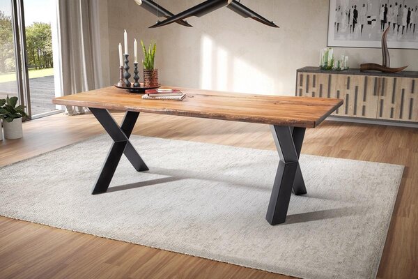 Tavolo da pranzo con bordo dritto 220x100 cm "Pinta" legno antico e base a X