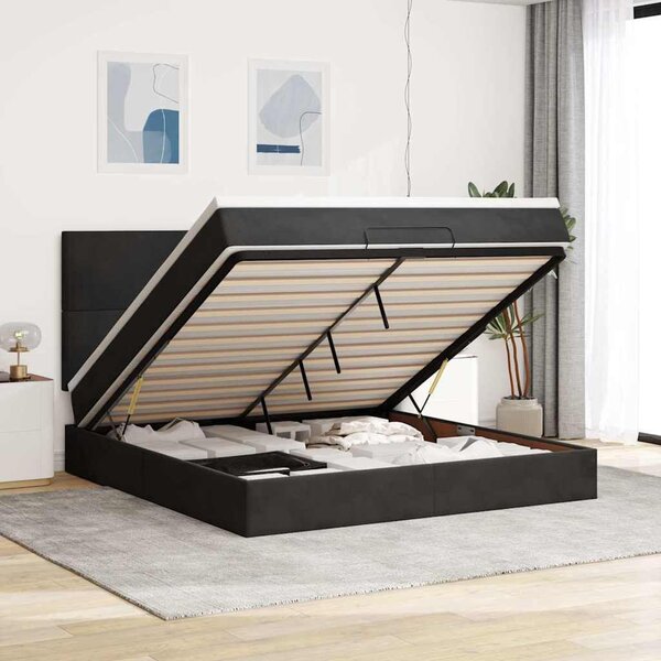 Letto ottomano 160x200 cm, rivestito in velluto nero, con materasso a molle insacchettate e contenitore per biancheria