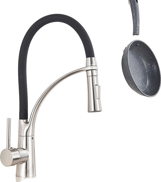 Miscelatore da cucina in cromo con bocca estraibile, bocca flessibile, finitura nichel spazzolato