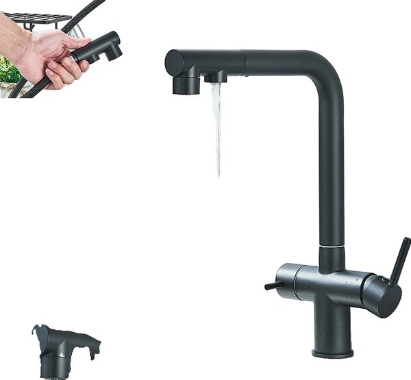 Rubinetto da cucina ad acqua filtrata, doppia maniglia, rotazione di 360°, doccetta estraibile, nero opaco