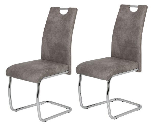 Hela Tische, set di 2 sedie per sala da pranzo a sbalzo Flora - rivestimento grigio vintage - struttura in metallo a tubo tondo cromato - portata 120 kg - schienale con maniglia