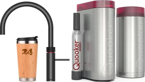"QUOOKER FUSION ROUND bocca fissa nera COMBI B con CUBE 2 (22FRBLKCUBE)" Rubinetto per acqua bollente a 100°C con sistema di acqua potabile *Incluso thermo mug