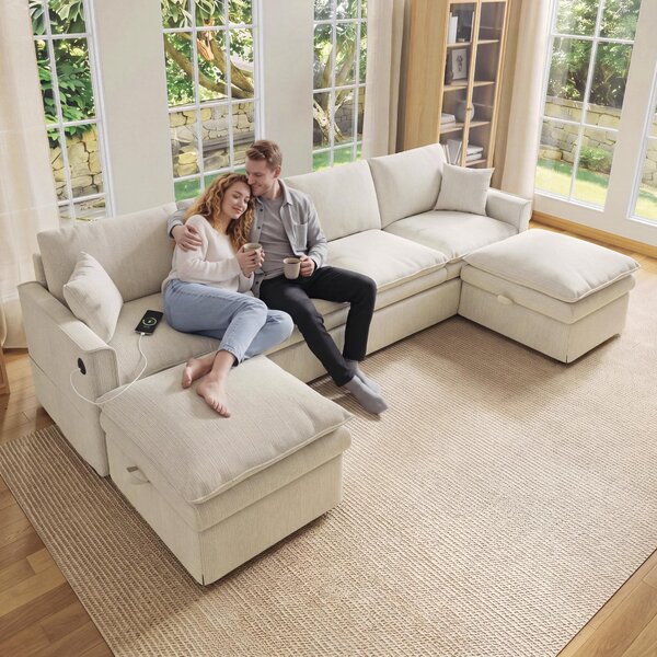Divano angolare modulare a forma di "U" o "L", dimensioni 277x135x80 cm, color beige, rivestito in tessuto di cotone e lino, con 2 poggiapiedi removibili, spazio contenitivo e porte USB/Type-C