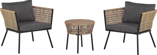 BELIANI Set da balcone, rattan naturale, 2 sedie, 1 tavolino, braccioli, schienale, grigio, struttura in acciaio, nero