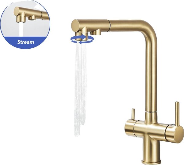 Rubinetto da cucina, doppia maniglia, acqua calda e fredda, oro spazzolato