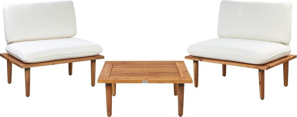 Set lounge BELIANI, color marrone scuro, legno di acacia, 3 pezzi: 2 poltrone e un tavolino da caffè. Cuscini color crema. Design moderno, ideale per esterni, terrazzi, balconi e giardini. Set di mobili da giardino
