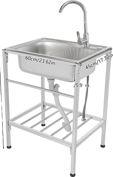 Lavello da cucina, design free-standing, rubinetto per acqua calda e fredda, argento