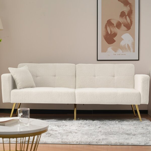 Divano letto con funzione letto, dimensioni 175x64x72 cm, due posti, colore bianco, schienale regolabile, gambe dorate, con tasche laterali