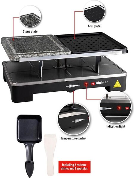 Grill elettrico alpina WJK202A - 1200W, raclette 8 persone - 8 teglie, 8 spatole - antiaderente