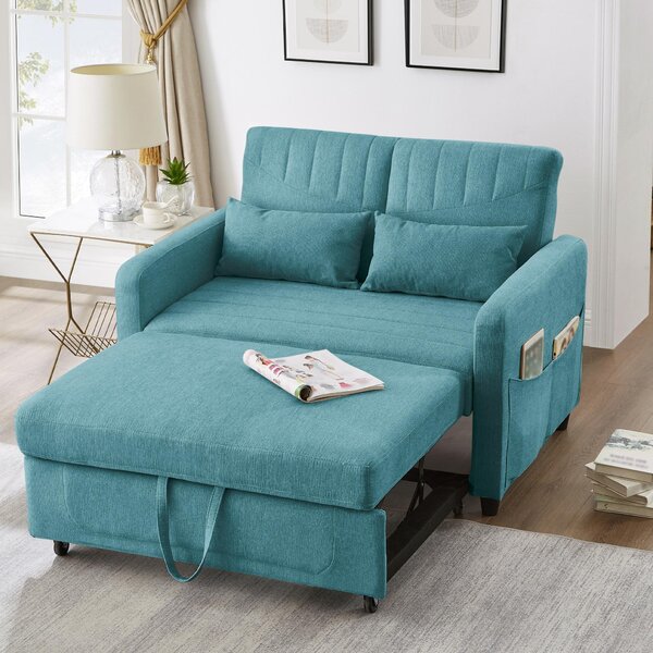 Divano letto 2 posti, dimensioni 114x77x82,5 cm, con meccanismo estraibile per trasformarlo in letto, schienale regolabile in 3 posizioni, rivestito in tessuto di cotone e lino