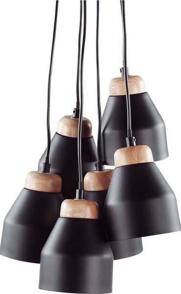BELIANI Lampada a sospensione in metallo nero e legno con campane a forma di campana, look industriale con 6 bruciatori