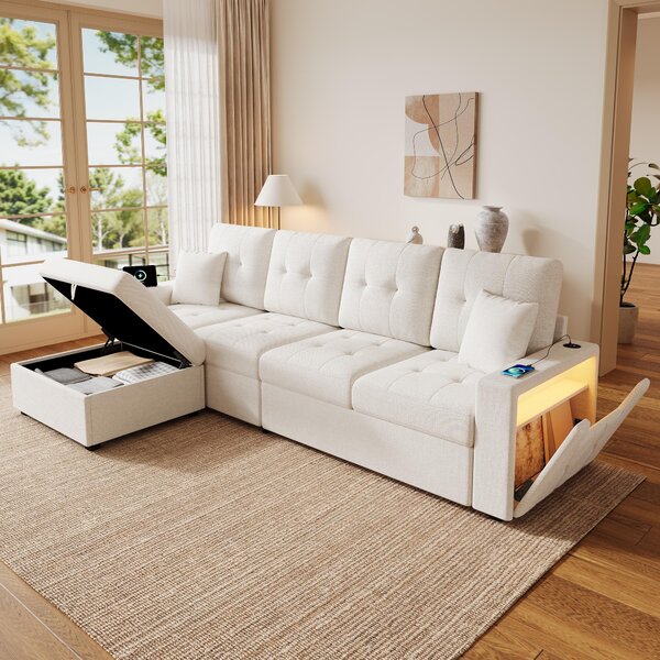 Divano angolare modulare, 253x144,5x80,7 cm, 4 posti, color beige, con poggiapiedi contenitore posizionabile liberamente, dotato di porte USB e Type-C, illuminazione LED d'ambiente, ideale per il soggiorno