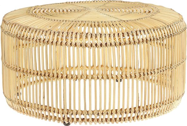 BELIANI: Tavolino da divano in legno chiaro, con elementi in rattan, forma rotonda, ideale per soggiorno o salotto, in stile boho e etnico