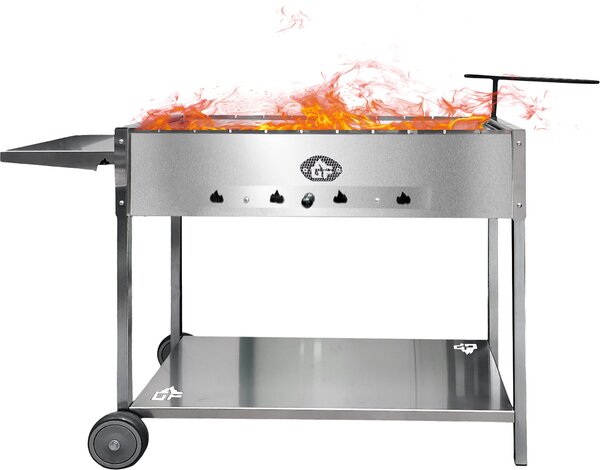 Mangal Batyr Deluxe: griglia per shashlik in acciaio inossidabile da 80 cm con ripiano e supporto per pentole