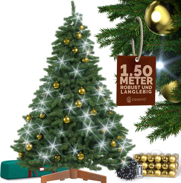 CASARIA® Albero di Natale Premium 150 cm Realistico Set con Palline di Natale 54 Pz. Oro 20m Lucine Bianco Freddo Supporto in Legno Certificato FSC®