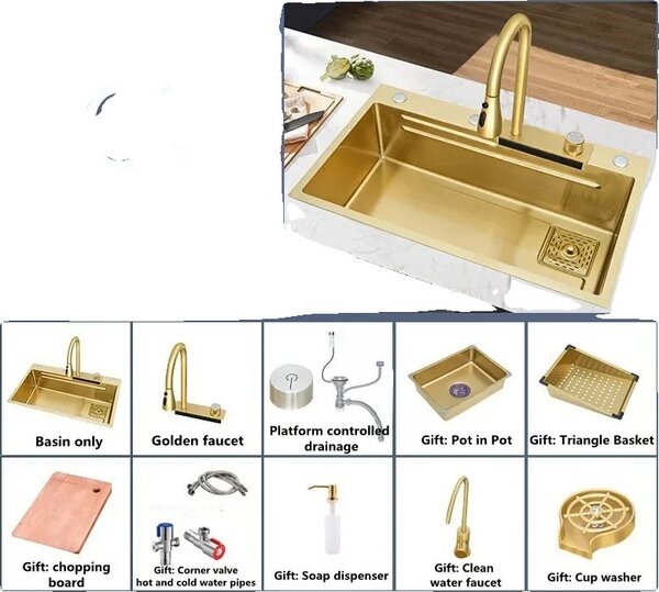 Lavello da cucina in acciaio inox oro, materiale 304, facile da pulire, 68cm x 45cm