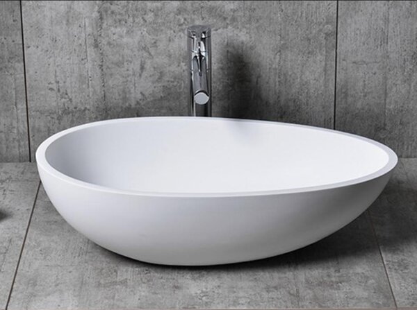 Lavabo da appoggio TWA65 - Materiale composito minerale - Bianco - Forma ovale - 60 x 35 x 16 cm, Colore: Bianco opaco, Kit di scarico selezionabile: Con kit di scarico, Copertura aggiuntiva per il kit di scarico: Con copertura aggiuntiva in bianco