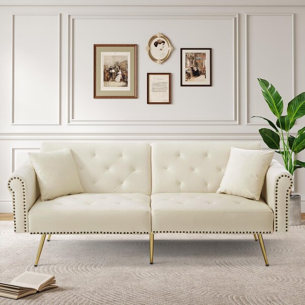 Divano letto a due posti, dimensioni 173x75x70 cm, rivestito in velluto, con schienale regolabile in 3 posizioni e funzione letto, ideale per piccoli spazi, colore beige