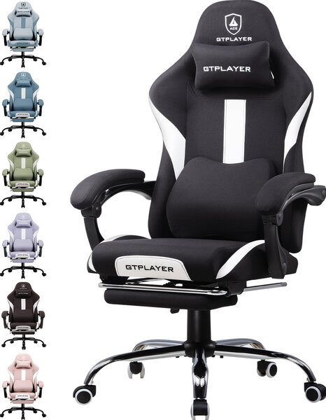 GTPLAYER Sedia da gioco Poltrona da gioco ergonomica Sedia da scrivania con superficie in tessuto Sedia da ufficio traspirante Cuscino a molla con poggiapiedi bianco