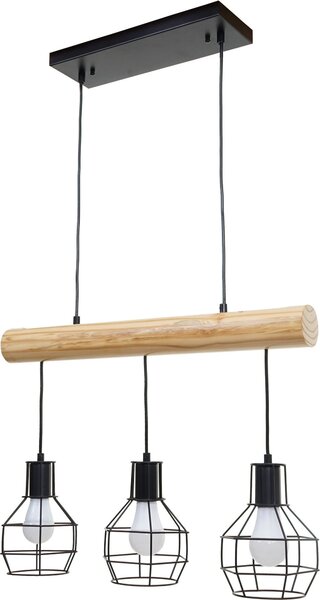 Lampada a sospensione HWC-H83, lampada a sospensione, legno massiccio industriale vintage in metallo nero ~ 3 paralumi a traliccio