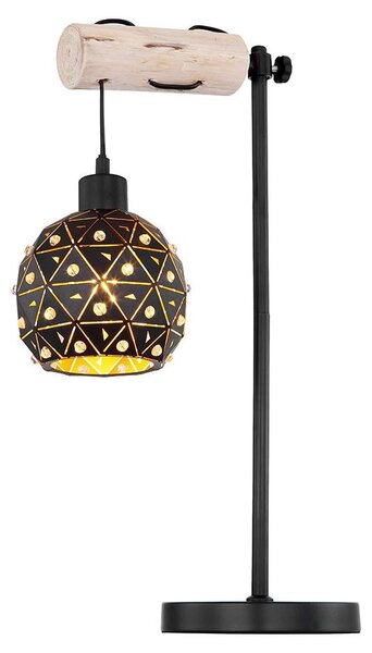 Lampada da tavolo, finitura nera opaca, paralume interno dorato, vetro trasparente, design naturale