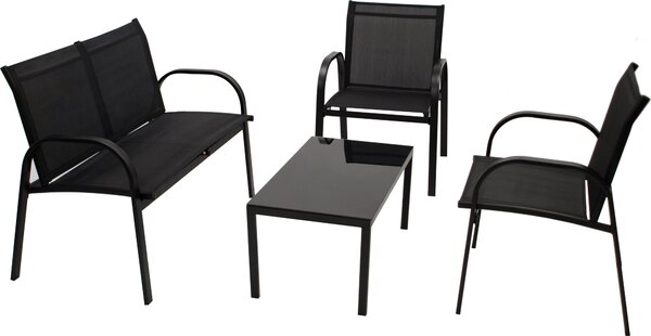 Set da salotto DEGAMO, set da giardino ARONA 4 pezzi, metallo + tessuto sintetico nero