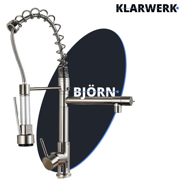 Björn | Gastronomia Rubinetto da cucina cromato argento| Due docce | Rubinetto da cucina professionale in acciaio inox| Doppio lavello per ristorante