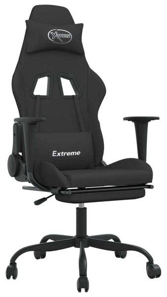 Sedia da Gaming Massaggio e Poggiapiedi Nero in Tessuto
