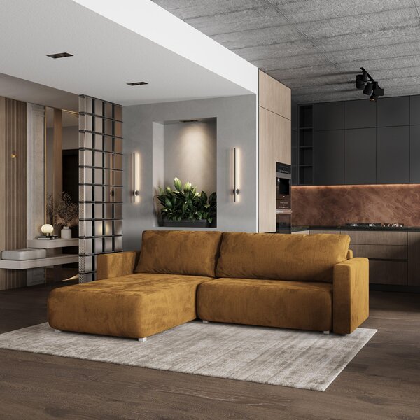 Divano angolare Masseno TURIN M con funzione letto a L, divano con box letto, divano da salotto, divano, divano, divano letto, set di divani - giallo, MONOLITH 48