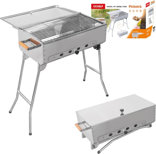 Griglia per shashlik da picnic in acciaio inox Mangal con griglia e coperchio